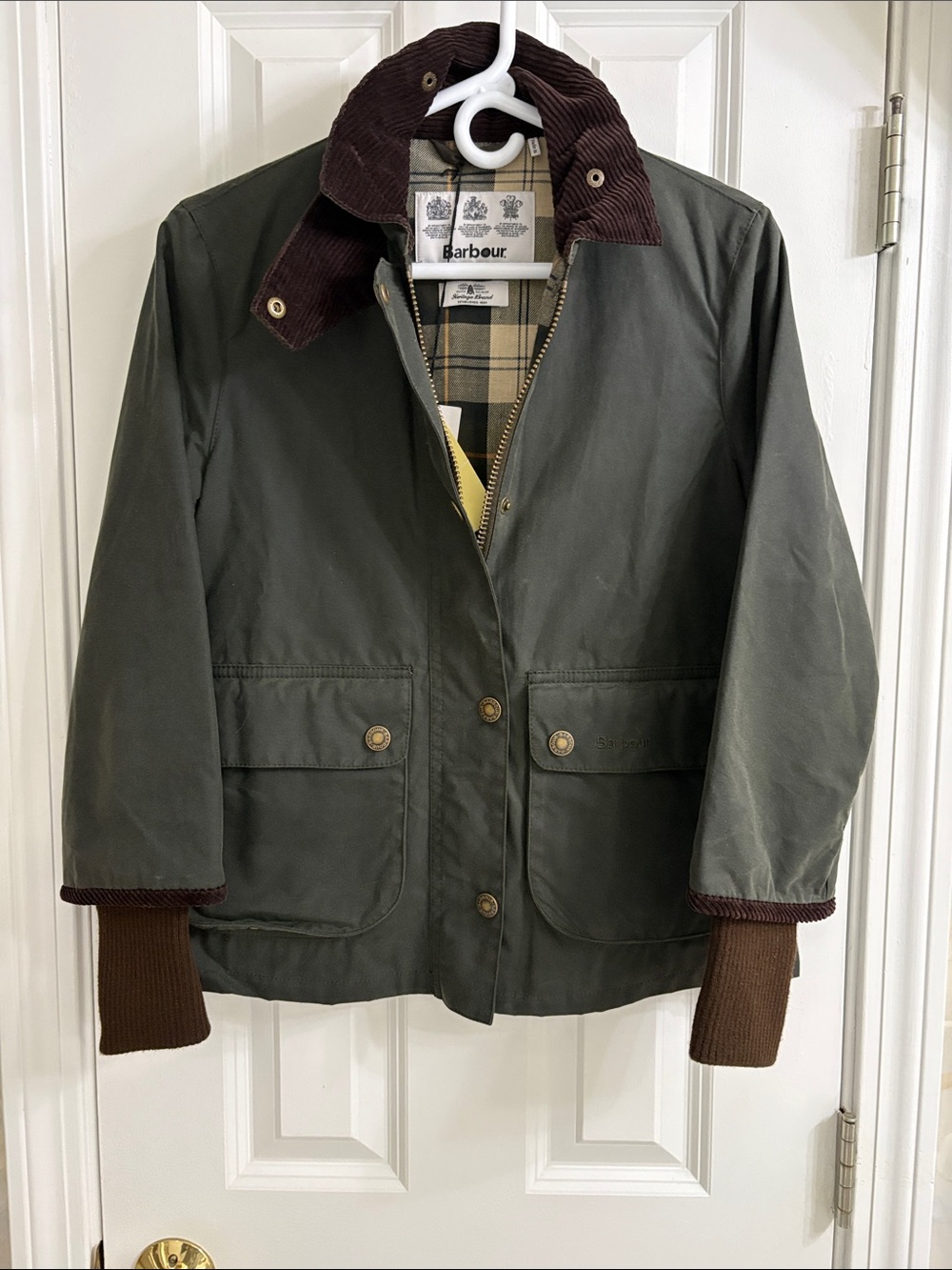 Barbour Cropped Green Waxed Cotton Jacket with Brown Corduroy Collar and Cuffs